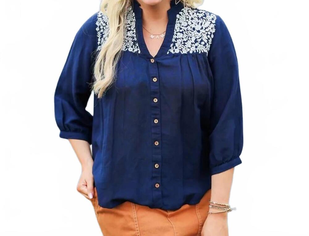NEW LAYERZ CLOTHING three quarter bloom top in navy blue